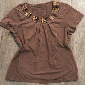 2000s boho brown top‎ with beaded neck details size large